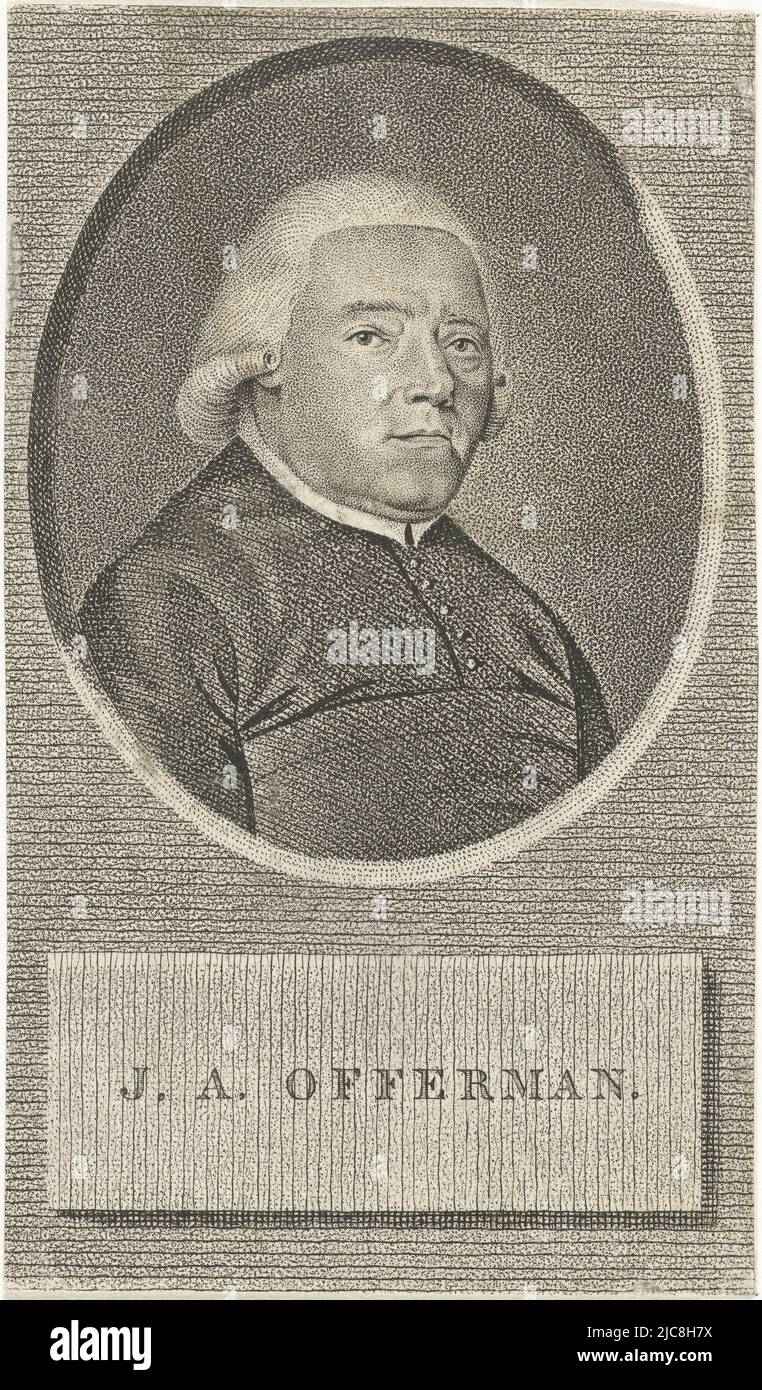 Portrait in oval frame of Jos Andreas Offerman, a priest from Amsterdam. Bust to the right. Offerman wears a cassock with a white priest's collar. Portrait of Jos Andreas Offerman, print maker: Jan Willem Caspari, , Amsterdam, 1789 - 1822, paper, etching, h 71 mm × w 122 mm Stock Photo