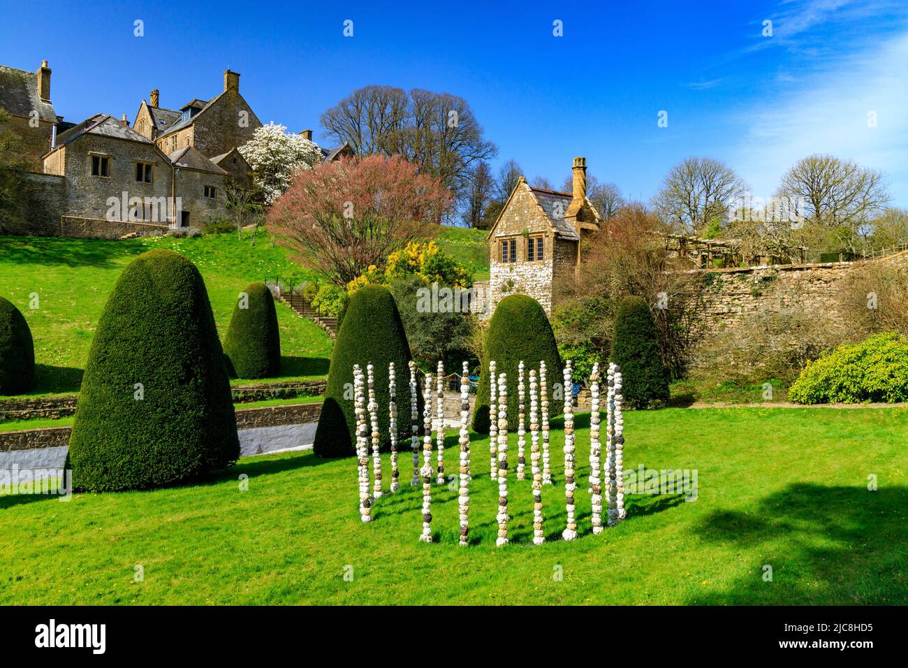 A circular art installation in the pool garden at Mapperton House