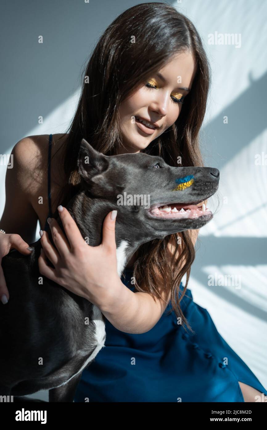 young ukrainian beautiful female play with staffordshire terrier dog at hoe Stock Photo