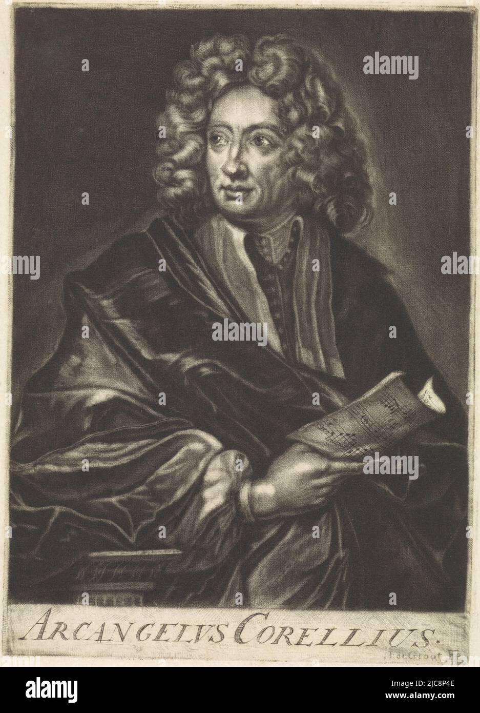The Italian composer Arcangelo Corelli, with sheet music in his hand, Portrait of Arcangelo Corelli, print maker: Johannes de Groot (II), (mentioned on object), Northern Netherlands, 1698 - 1776, paper, engraving, h 243 mm × w 174 mm Stock Photo