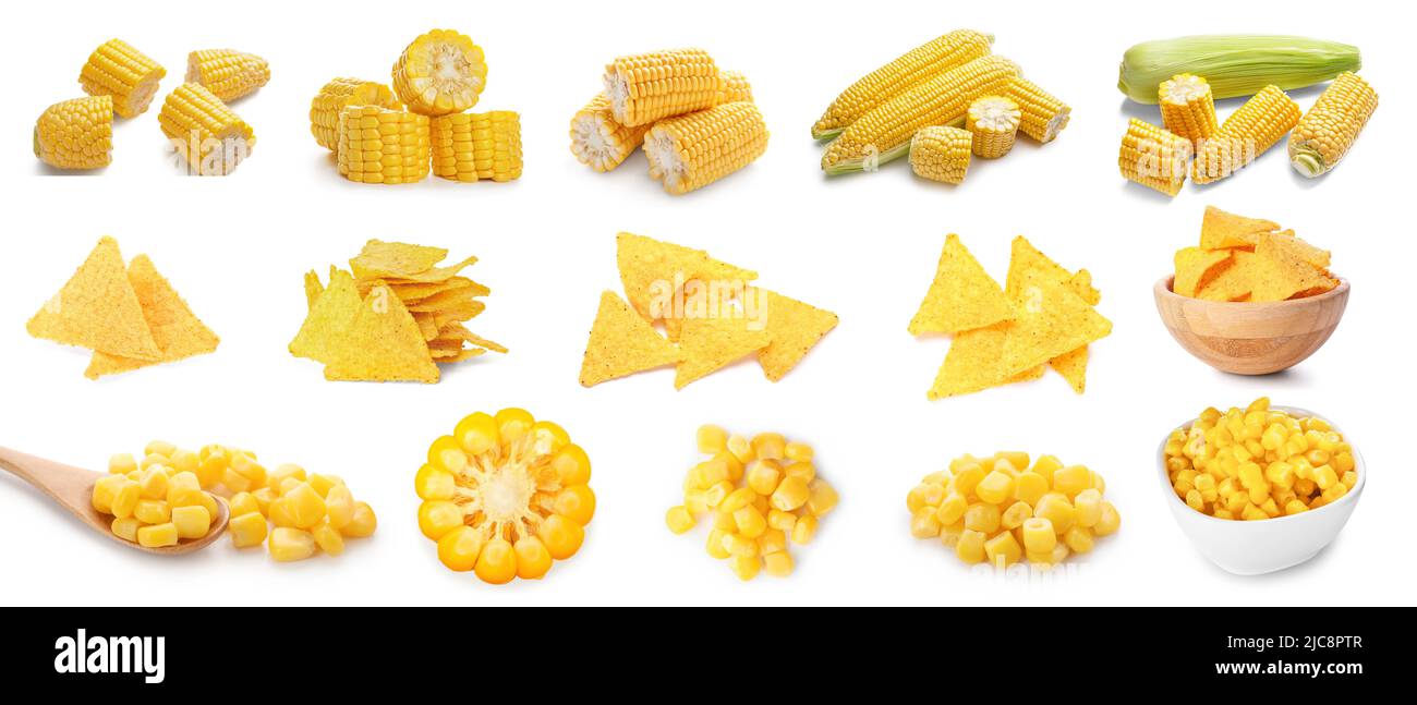 Set of tasty corn with chips on white background Stock Photo