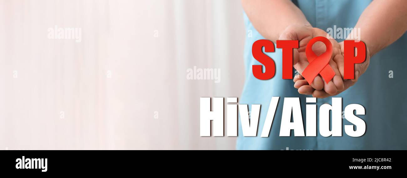 Woman with red ribbon and text STOP HIV/AIDS. Banner for design Stock ...