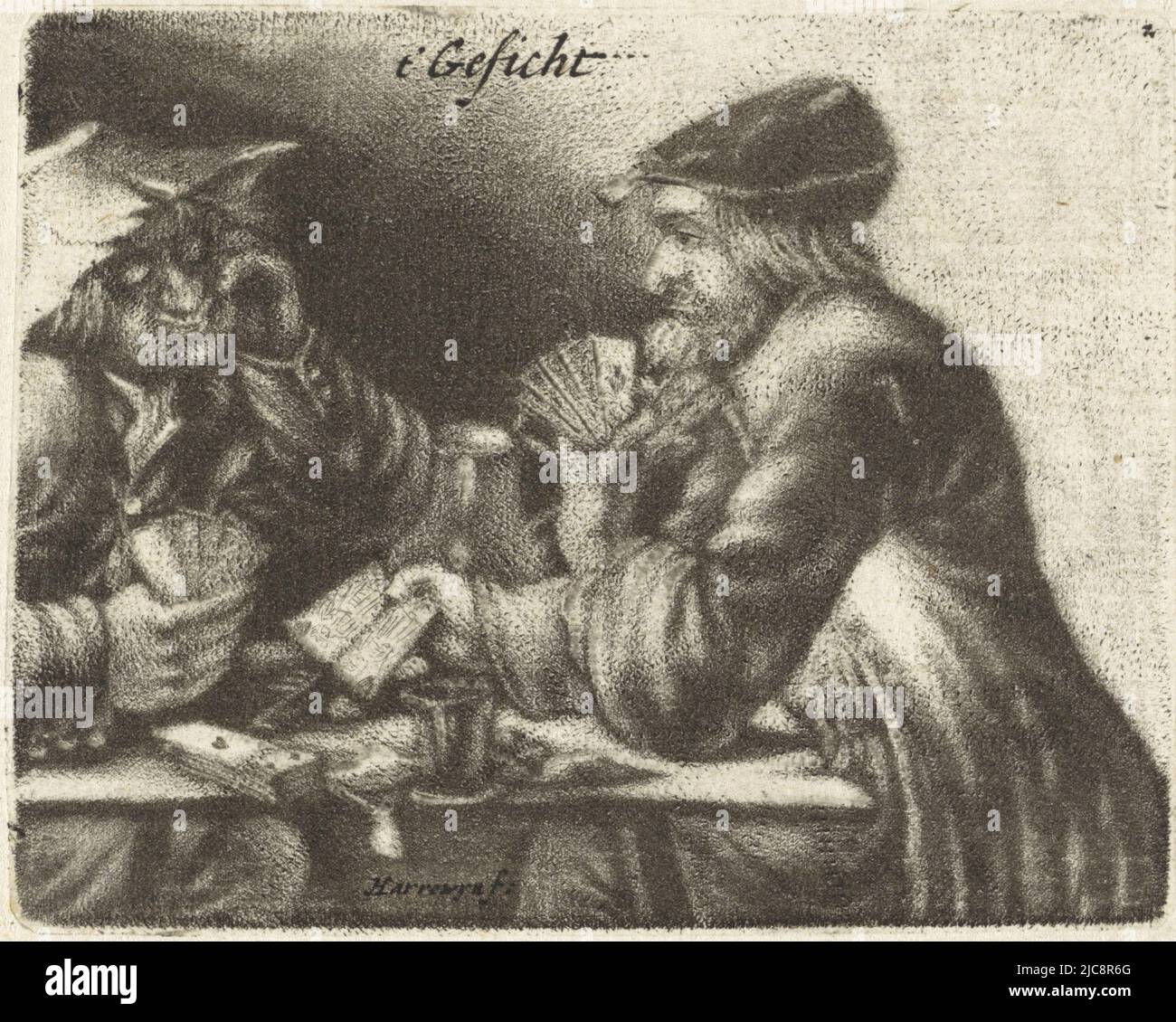 The Face. Two men are playing a card game. The print is part of a series of five prints depicting the five senses, Carding men t' Gesicht The five senses , print maker: Jacobus Harrewijn, print maker: François Harrewijn, (rejected attribution), Southern Netherlands, 1690, paper, engraving, h 57 mm × w 73 mm Stock Photo