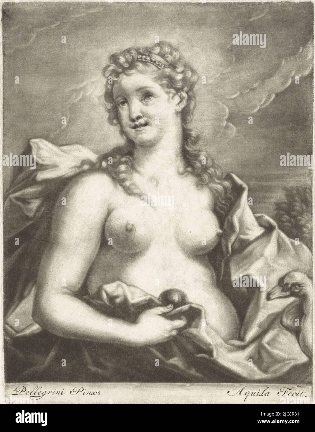 Venus with a Swan and an Apple, print maker: Arnoud van Halen, (mentioned on object), Giovanni Antonio Pellegrini, (mentioned on object), Amsterdam, 1685 - 1732, paper, engraving, h 183 mm × w 141 mm Stock Photo