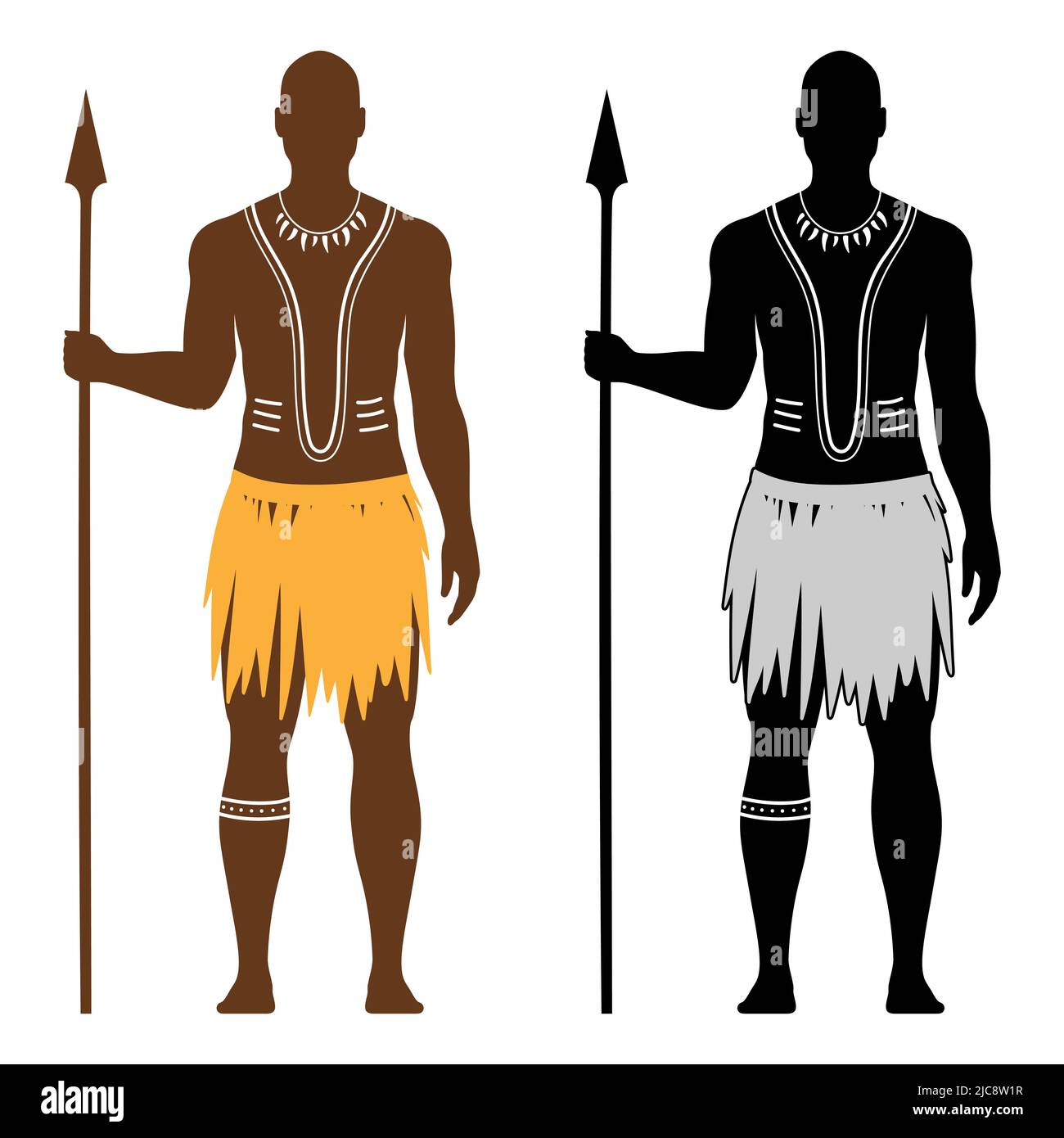 Vector set of African black aborigine warrior man with traditional body art, holding a spear, and dressed in an ethnic dress, isolated on white background. Stock Vector