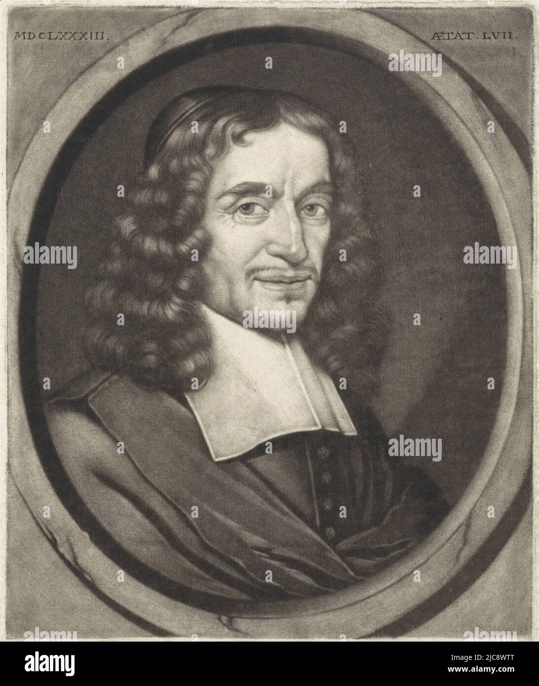 Geeraert Brandt, historian, poet and playwright in Amsterdam at age 57. Portrait of Geeraert Brandt, print maker: Pieter Schenk (I), (mentioned on object), after: Michiel van Musscher, (mentioned on object), publisher: Pieter Schenk (I), (mentioned on object), Amsterdam, 1683 - 1713, paper, engraving, h 193 mm × w 134 mm Stock Photo
