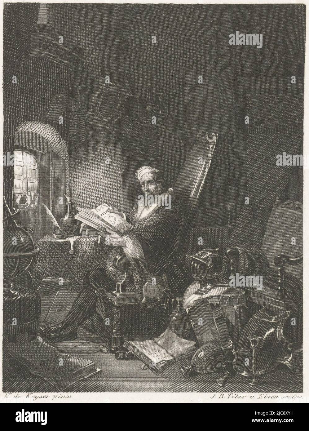 A man with a book in his hands sits in a chair with a high back. Around him are curiosities including a suit of armor, shield and globe. The print was made for the Dutch-language Almanac Voor het Schoone en goede, Antiquair Het antiquaar. , print maker: Jan Baptist Tetar van Elven, (mentioned on object), after: Nicaise De Keyser, (mentioned on object), print maker: Netherlands, after: Antwerp, 1849, paper, steel engraving, h 126 mm × w 82 mm Stock Photo