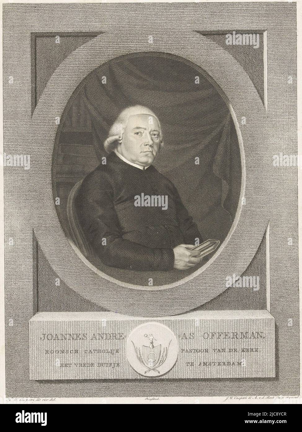 Portrait in oval frame of Jos Andreas Offerman, pastor of the Amsterdam church of St. Willibrordus Binnen de Veste. Bust to the right. Offerman wears a cassock with a white priest's collar. He holds a book in his right hand. In the background a bookcase. The print has a Dutch caption with the name of the person portrayed and a cartouche containing the image of a dove. Portrait of Jos Andreas Offerman, print maker: Jan Willem Caspari, (mentioned on object), print maker: Antonie van der Beek, (mentioned on object), intermediary draughtsman: Hendrik Willem Caspari, (mentioned on object Stock Photo