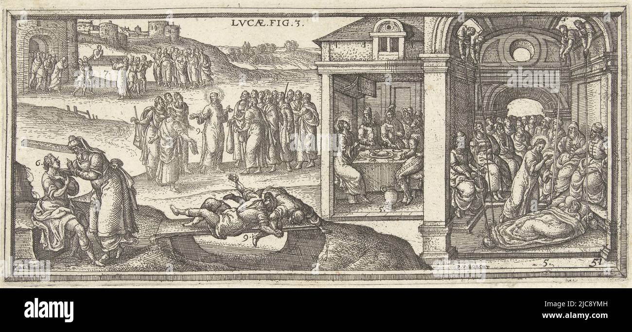 Various scenes about the life of Christ from the Gospel of Luke. The scenes are numbered on passage. On the far right of the print, Christ heals a paralyzed man who was lowered onto a cot by his friends (Luke 5:17-26). Next to it, Christ visits the house of tax collector Levi and has a feast there (Luke 5:27-39). In the foreground and left of the print, some of Christ's sayings are depicted. In the foreground, two blind people fall into a pit (Luke 6:39). On the left, a boy with a splinter in his eye is rebuked by an older man with a beam in his eye (Luke 6:41-42). In the background, Christ Stock Photo