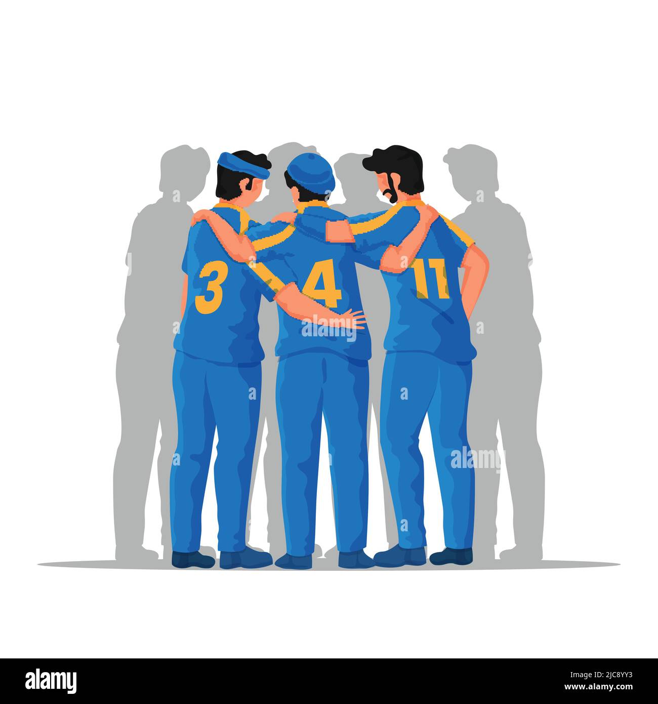 Back View Of Cricket Players Standing Together On White Background. Stock Vector