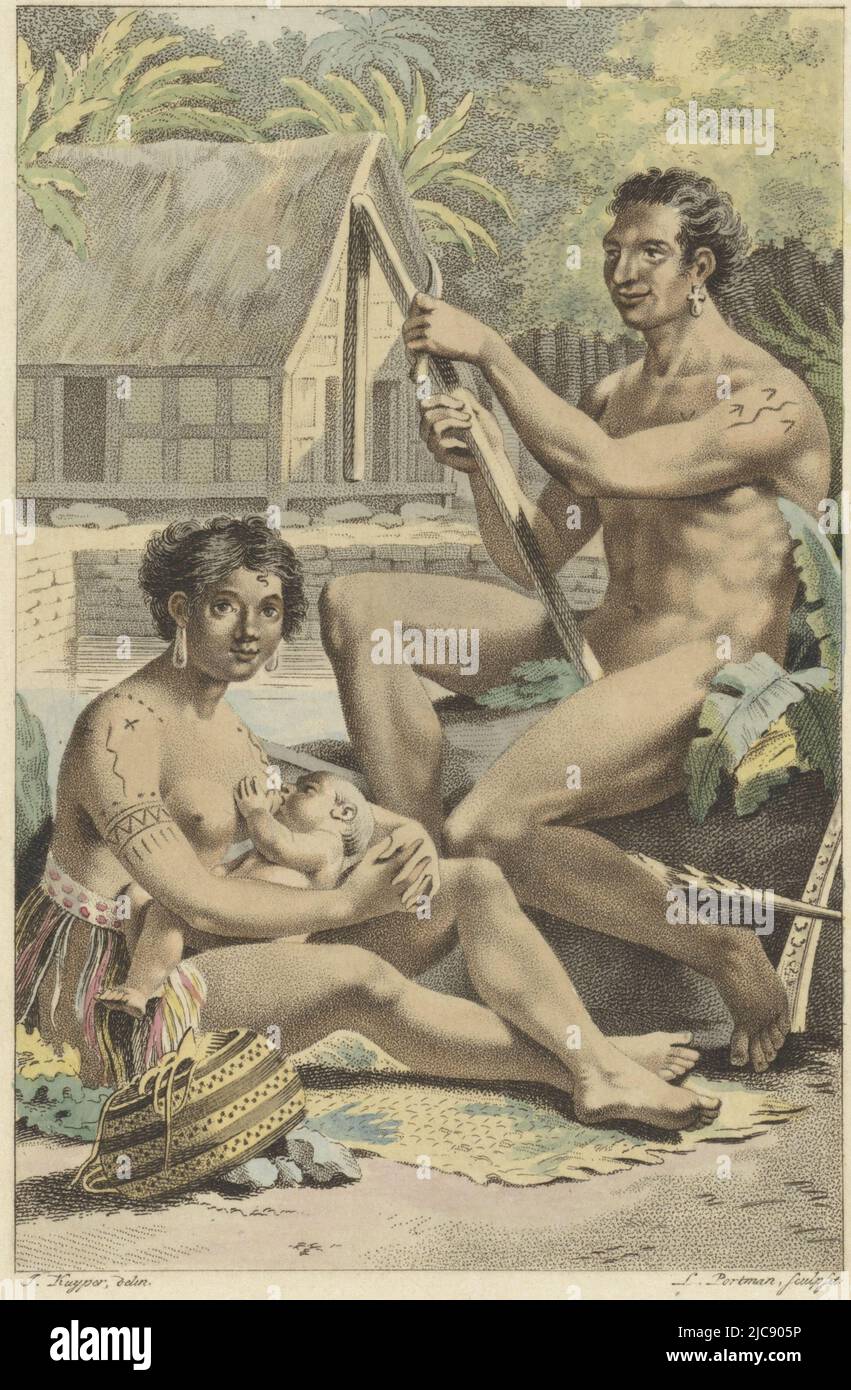 A woman is suckling her child. Her husband handcrafting his warrior gear looks on. In the background their hut. Inhabitants of Palau Pelew Islanders , print maker: Ludwig Gottlieb Portman, (mentioned on object), intermediary draughtsman: Jacques Kuyper, (mentioned on object), Amsterdam, 1803, paper, etching, h 242 mm × w 156 mm Stock Photo