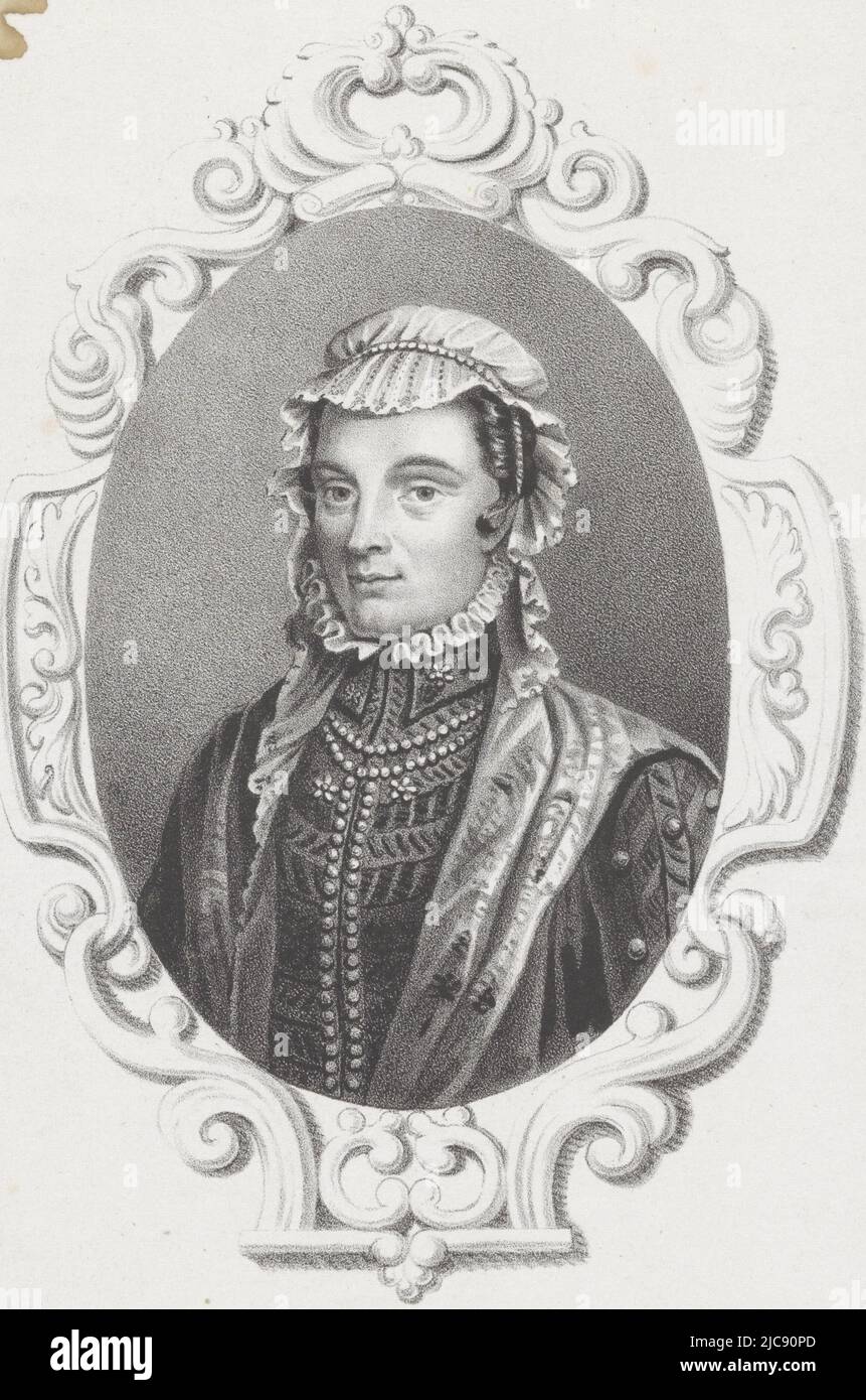 The oval portrait is framed with an ornament border. Beneath the portrait her name, Portrait of Margaret of Parma Series of nine rulers , print maker: anonymous, printer: Hilmar Johannes Backer, Dordrecht, 1822 - 1845, paper, h 235 mm × w 154 mm Stock Photo