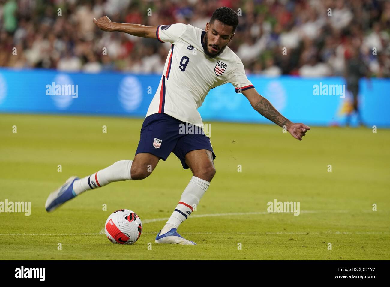 Austin, Texas USA, 10th June, 2022: JESUS FERREIRA (9) of the USA tries a goal kick during second half action of a CONCACAF Nation's League match at Austin's Q2 Stadium. This is the U.S. Men's National Team's (USMNT) final match in the U.S. before the 2022 FIFA World Cup. Credit: Bob Daemmrich/Alamy Live News Stock Photo