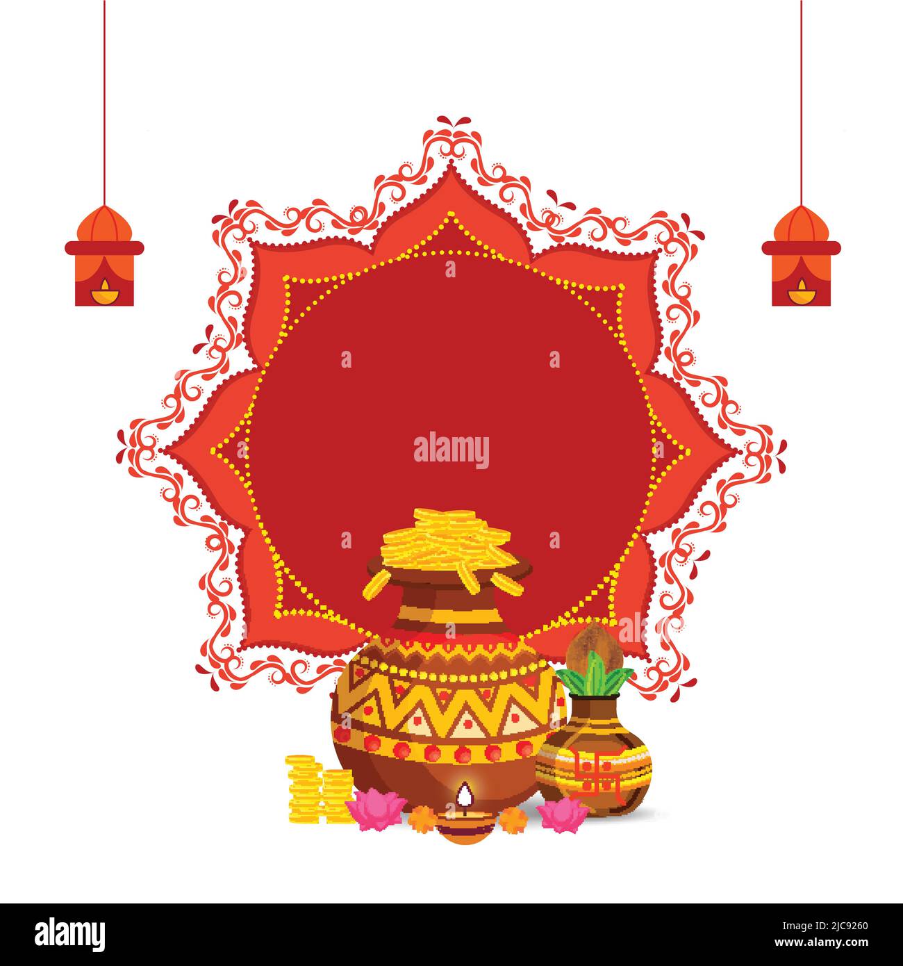 Vector Illustration Of Golden Treasure Pot With Traditional Pot (Kalash), Lit Oil Lamp (Diya), Lotus Flowers, Lanterns Hang And Copy Space On White Ba Stock Vector