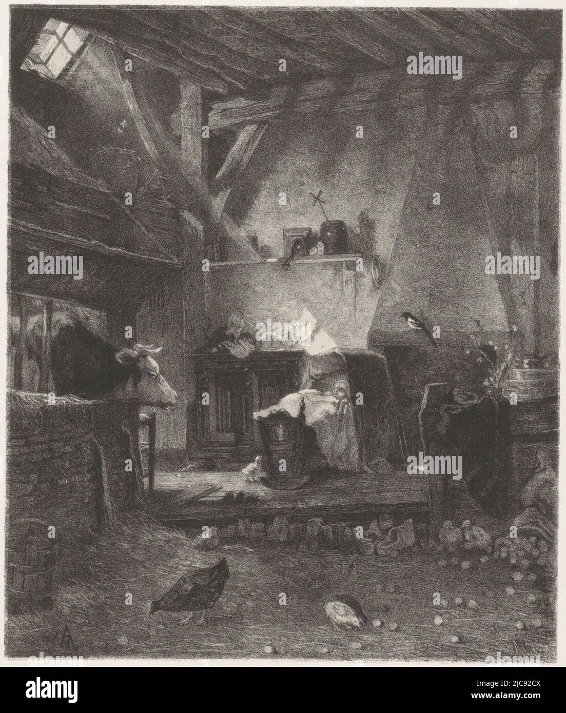 Interior of a farmhouse showing a cradle in which a child is lying. Sunlight shines through a skylight onto the crib. To the right a cow, in the foreground some chickens are scurrying about. The well-guarded child, print maker: Anthony Cornelis Cramer, (mentioned on object), August Allebé, (mentioned on object), printer: Koninklijke Nederlandsche Steendrukkerij, (mentioned on object), print maker: Amsterdam, printer: The Hague, 1867 - 1874, paper, h 352 mm × w 265 mm Stock Photo