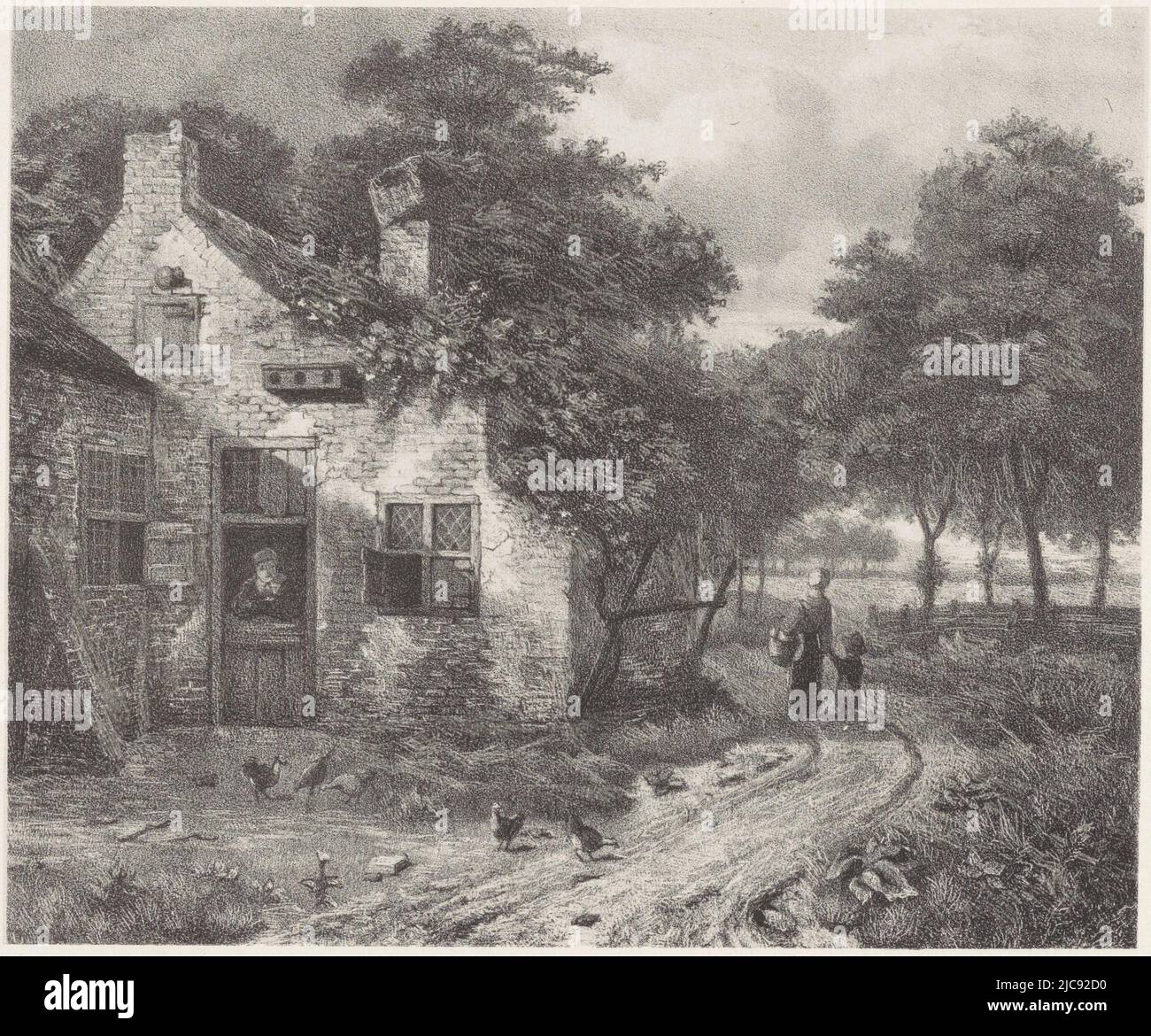 In the yard in front of the farmstead, chickens are scurrying. To the right, a mother and child walk away from the house. Farmhouse, print maker: Anthony Cornelis Cramer, (mentioned on object), after: Jan Wijnants, (mentioned on object), printer: Koninklijke Nederlandsche Steendrukkerij, (mentioned on object), print maker: Amsterdam, after: Netherlands, printer: The Hague, 1867 - 1874, paper, h 265 mm × w 350 mm Stock Photo