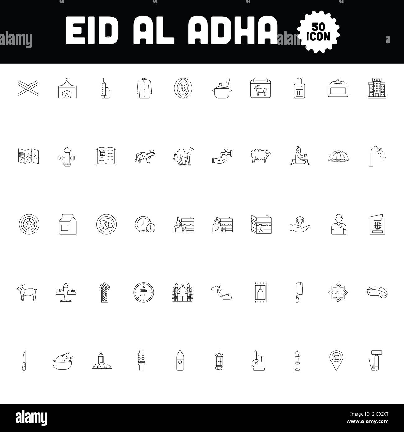 Illustration Of 50 Eid Al Adha Icon Set In Line Art. Stock Vector
