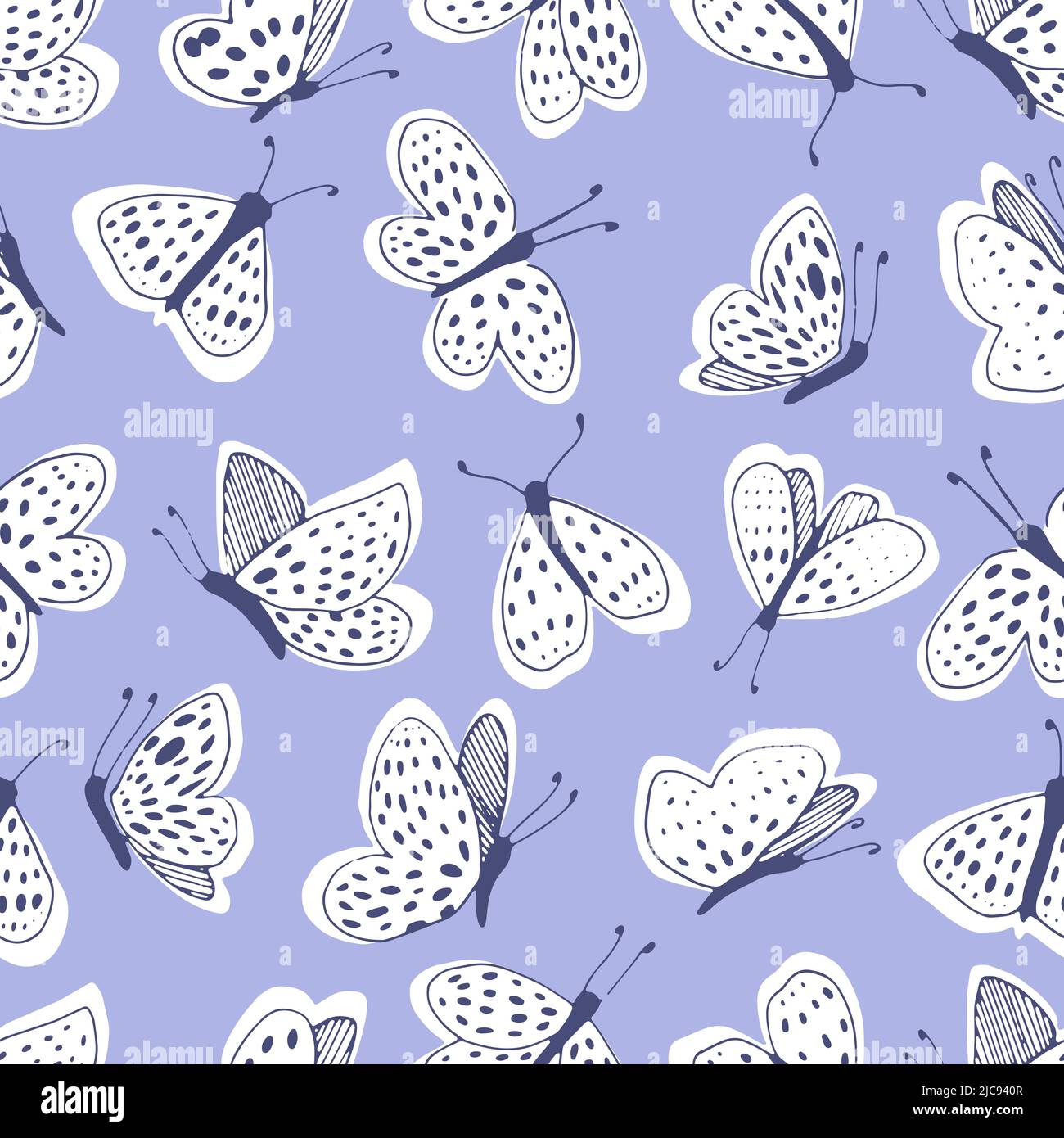 White moths on a blue background vector seamless pattern. Line and spot