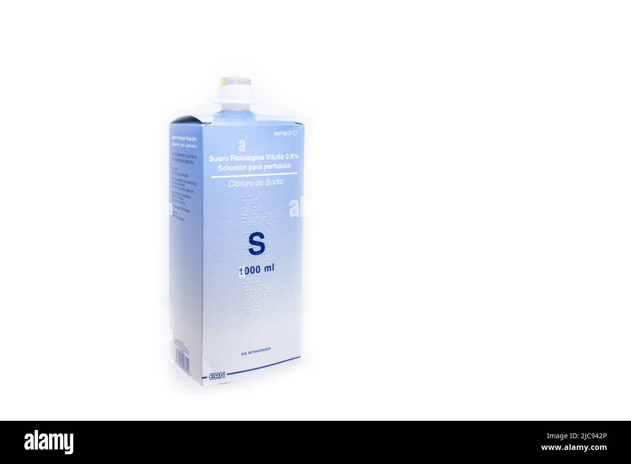 Huelva, Spain - June 10, 2022: A box containing a plastic bottle of spanish Saline solution brand Vitulia from ERN laboratory for intravenously. It is Stock Photo