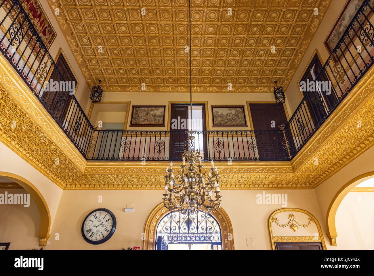 Trigueros, Huelva, Spain - April 17, 2022: Interior of Recreational and Cultural Circle of Trigueros, also known as Trigueros Casino. Beautifully deco Stock Photo