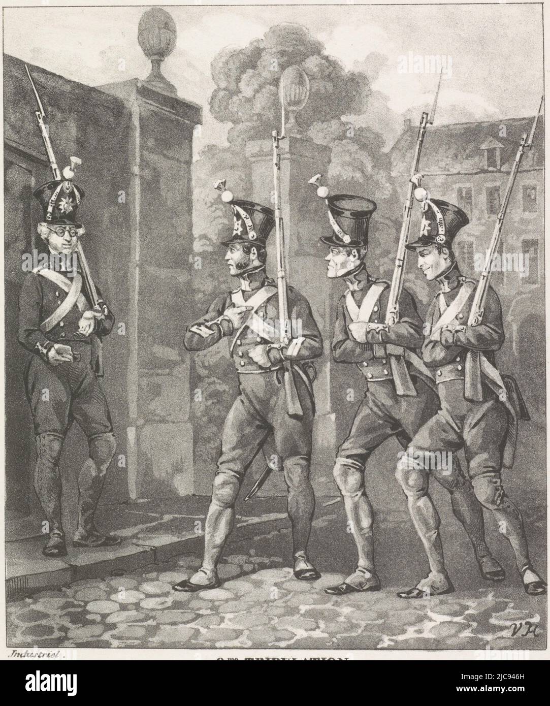 An archer asks a corporal to replace him because he has run out of tobacco. Part of a series of about 24 cartoons from 1828 on the imbalances within the Belgian militia due to social inequality within the corps, following the reorganization introduced on April 11, 1827, Ninth ordeal, 1828 9me Tribulation. Caporal, venez me relever, je n'ai plus de tabac Cartoons on the imbalances within the Belgian militia, 1828 , print maker: Jean-Louis Van Hemelryck, (mentioned on object), Southern Netherlands, 1828, paper, h 268 mm × w 222 mm Stock Photo