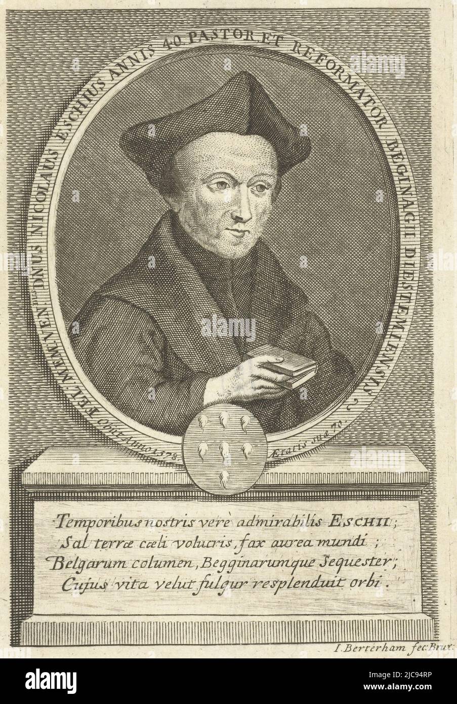 Portrait of Nicolaus van Esch (Eschius) at age 40 in oval frame with ...