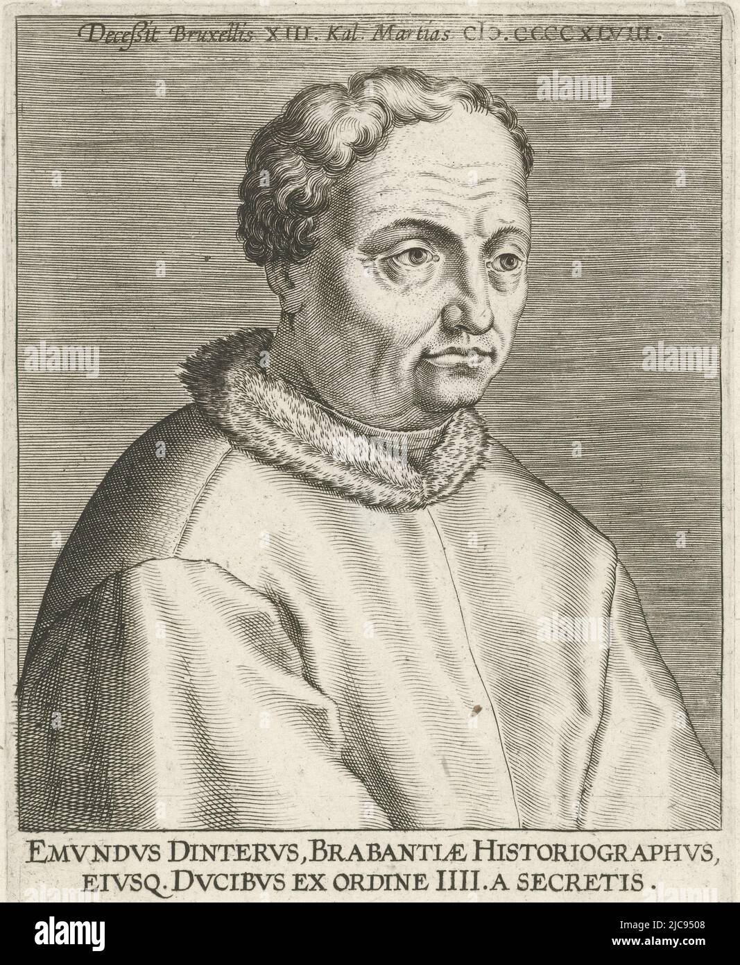 Portrait of Edmund van Dinter. Diplomat and historian. Bust to the right. The print has a Latin top and caption and is part of a series of famous Dutch and Flemish scholars, Portrait of Edmund van Dinter Emvndvs Dintervs Portraits of famous Dutch and Flemish scholars Illustrium Galliae Belgicae scriptorum icones et elogi , print maker: Philips Galle, (attributed to workshop of), Aubert le Mire, (mentioned on object), publisher: Philips Galle, (possibly), Antwerp, 1604 - 1608, paper, engraving, h 162 mm × w 110 mm Stock Photo