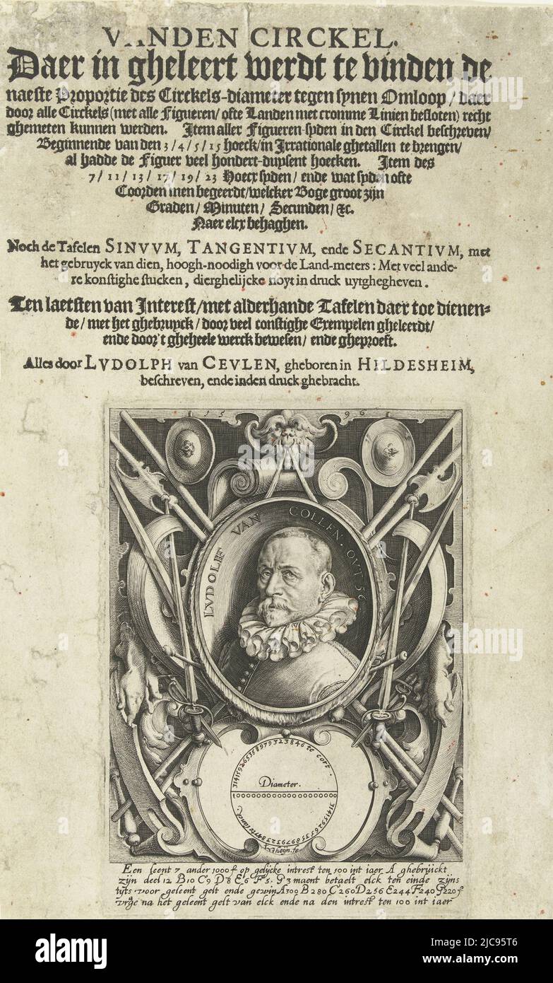 Title page Ludolf van Ceulen, Vanden circkel (Delft 1596). Bust of Ludolf van Ceulen (Hildesheim, 28 January 1540 - Leiden, 31 December 1610) at age 56, with collar unfolded, in oval with edge lettering, framed in ornamental frame with scrollwork and arms. Below the portrait an image of a circle with a description of the number pi. Below the image a four-line Dutch caption. Around the print, title information in letterpress. Van Ceulen was a fencer and mathematician. He was appointed (according to Meursius in 1599, according to the Curators' resolutions on 10 January 1600) on the Stock Photo