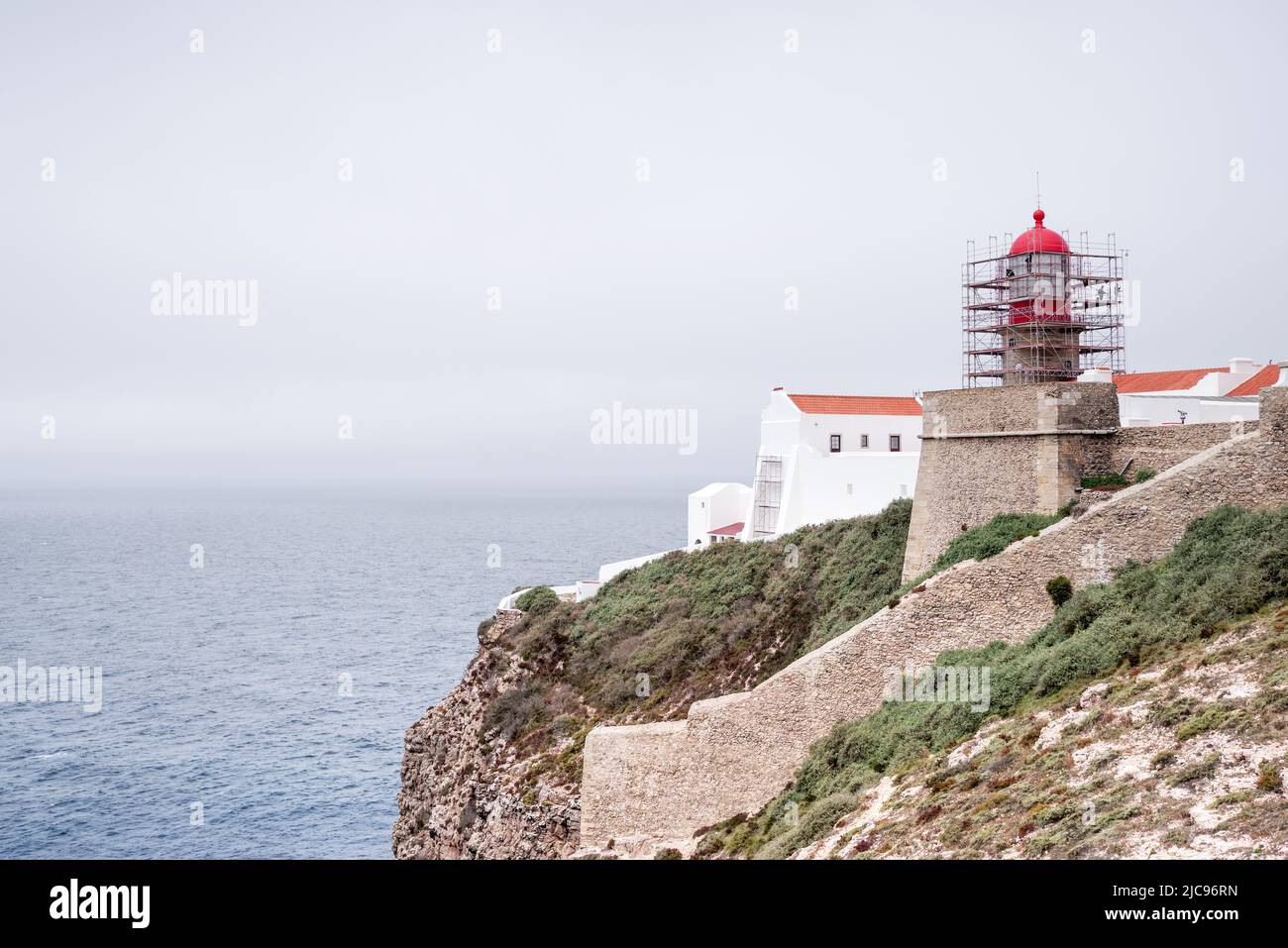 Lighthouse of Cabo de São Vicente Scenic near the southwesternmost point of Portugal and Europe; under construction Stock Photo