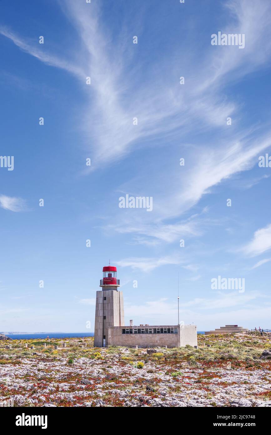 Farol de Sagres - Sagres Ligthouse near the southwesternmost tip of Portugal, and Europe (Algarve, Portugal) Stock Photo