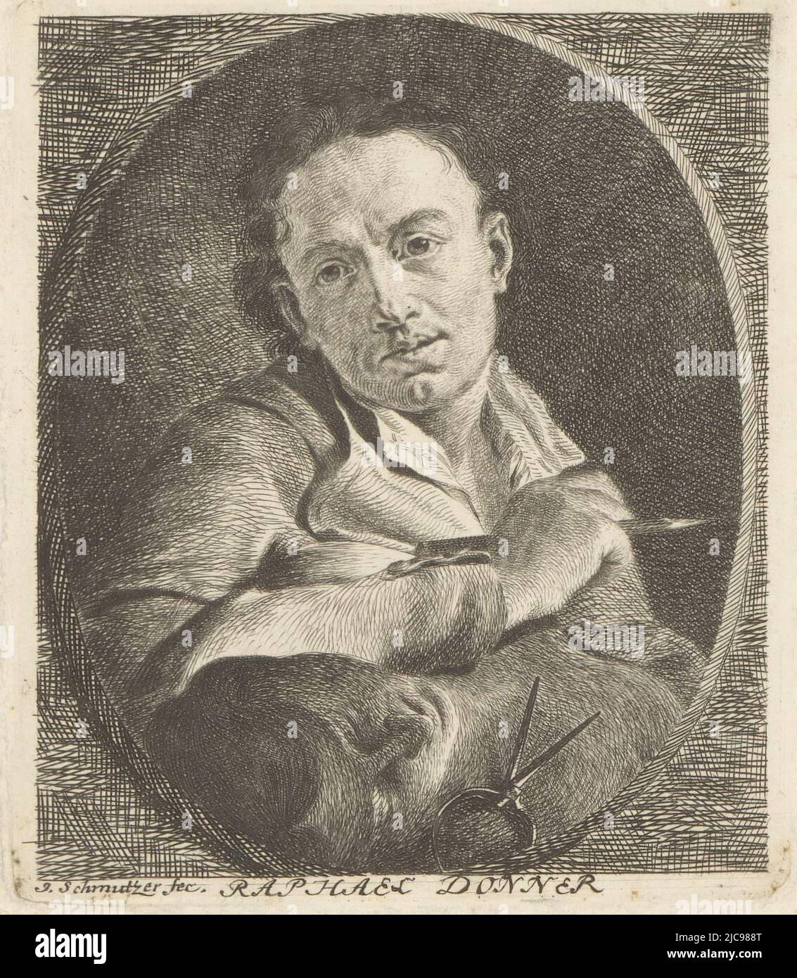 Portrait of George Raphael Johann Donner, print maker: Jakob Matthias Schmutzer, (mentioned on object), after: Paul Troger, 1743 - 1811, paper, etching, h 107 mm - w 92 mm Stock Photo