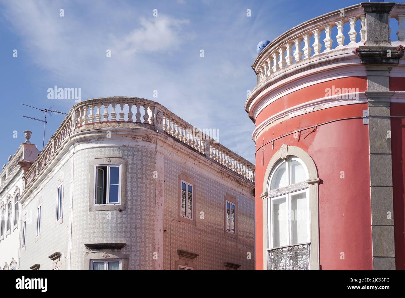 Colourful façades of historical buildings in Tavira - Algarve, Portugal Stock Photo