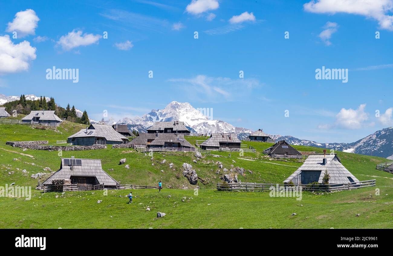 A picture of the landscape of Velika Planina, or Big Pasture Plateau, and its herder huts. Stock Photo