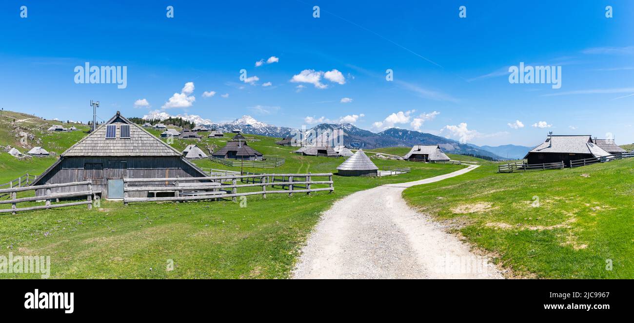 A picture of the landscape of Velika Planina, or Big Pasture Plateau, and its herder huts. Stock Photo