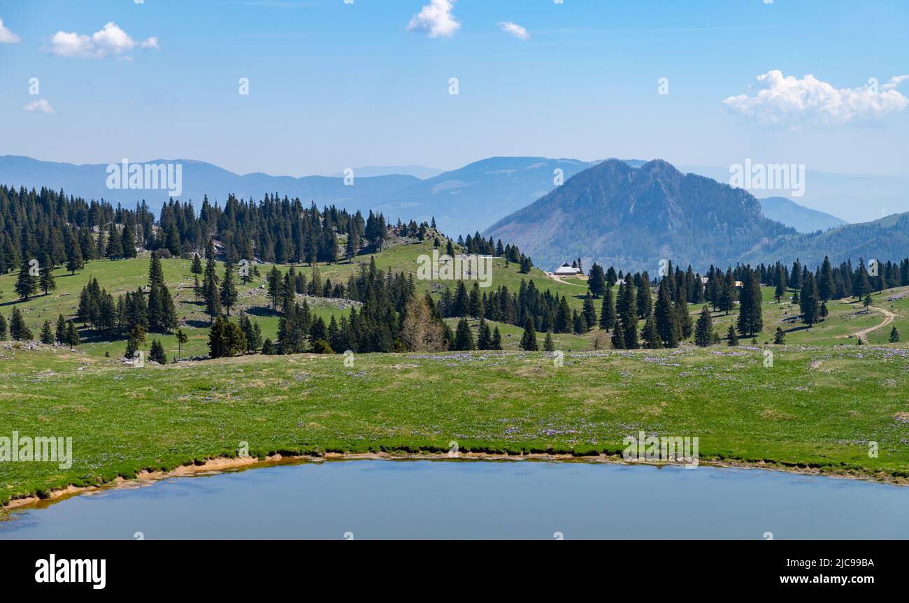 A picture of the landscape of Velika Planina, or Big Pasture Plateau. Stock Photo