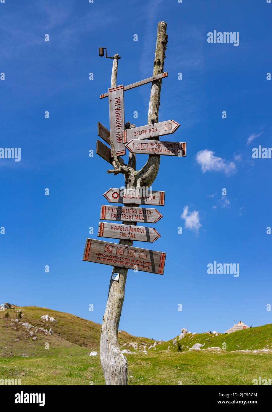 A picture of a directions sign on Velika Planina, or Big Pasture Plateau. Stock Photo