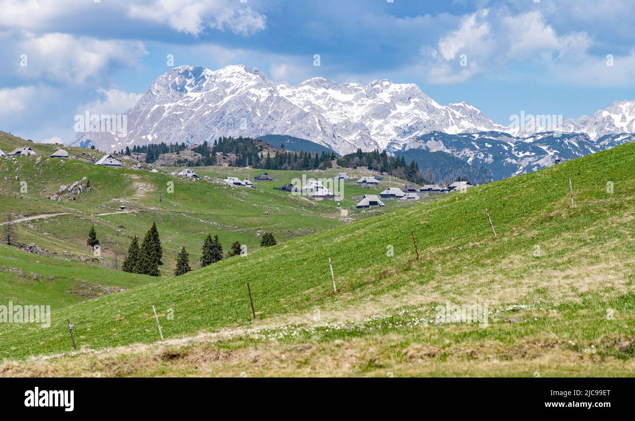 A picture of the landscape of Velika Planina, or Big Pasture Plateau, and its herder huts, with the Kamnik–Savinja Alps on the background. Stock Photo