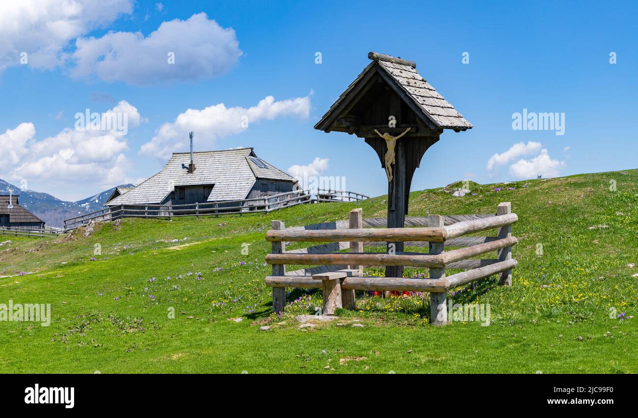 A picture of a small Jesus shrine on Velika Planina, or Big Pasture Plateau. Stock Photo