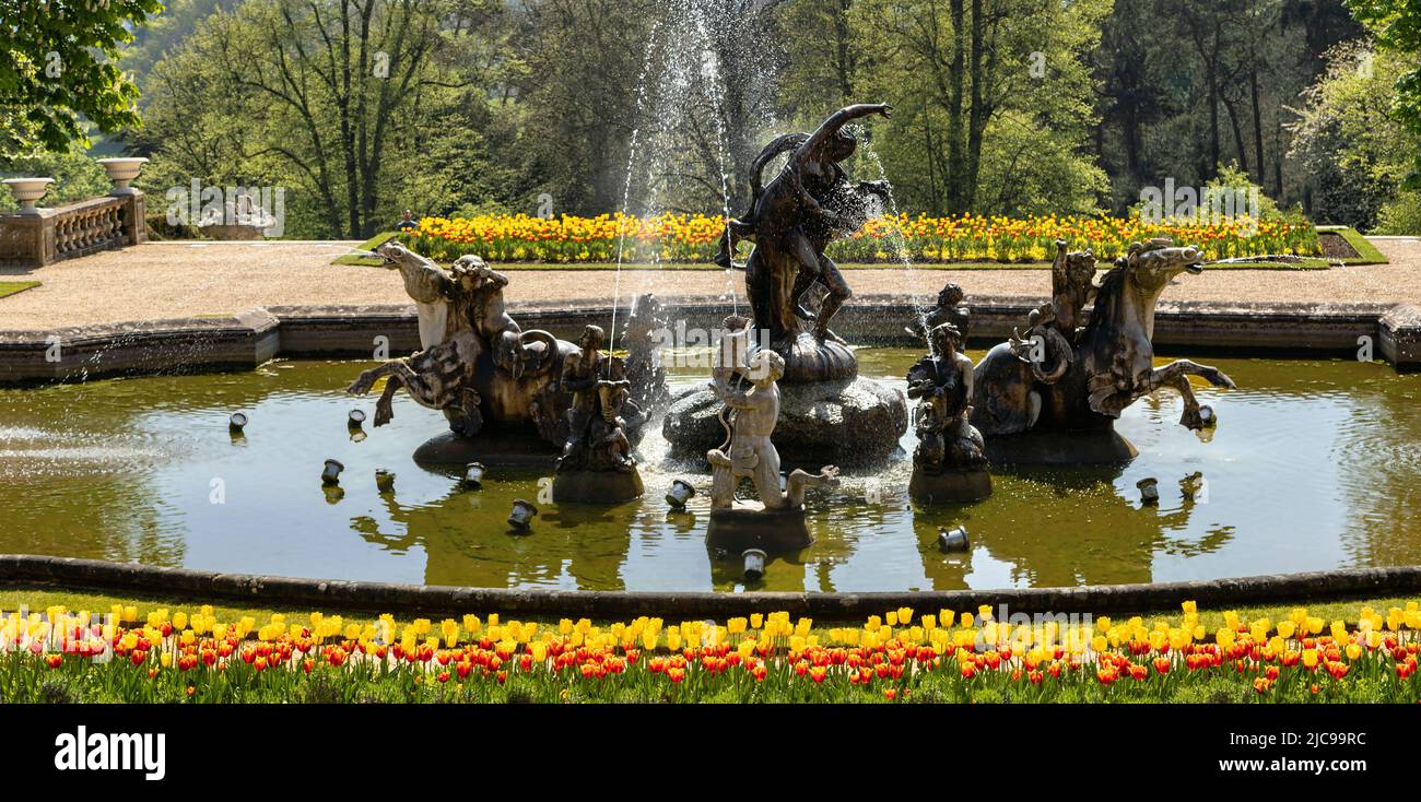 South Fountain with Italian mythological sculptures at Waddesdon Manor parterre garden, Buckinghamshire, England, United Kingdom. Stock Photo