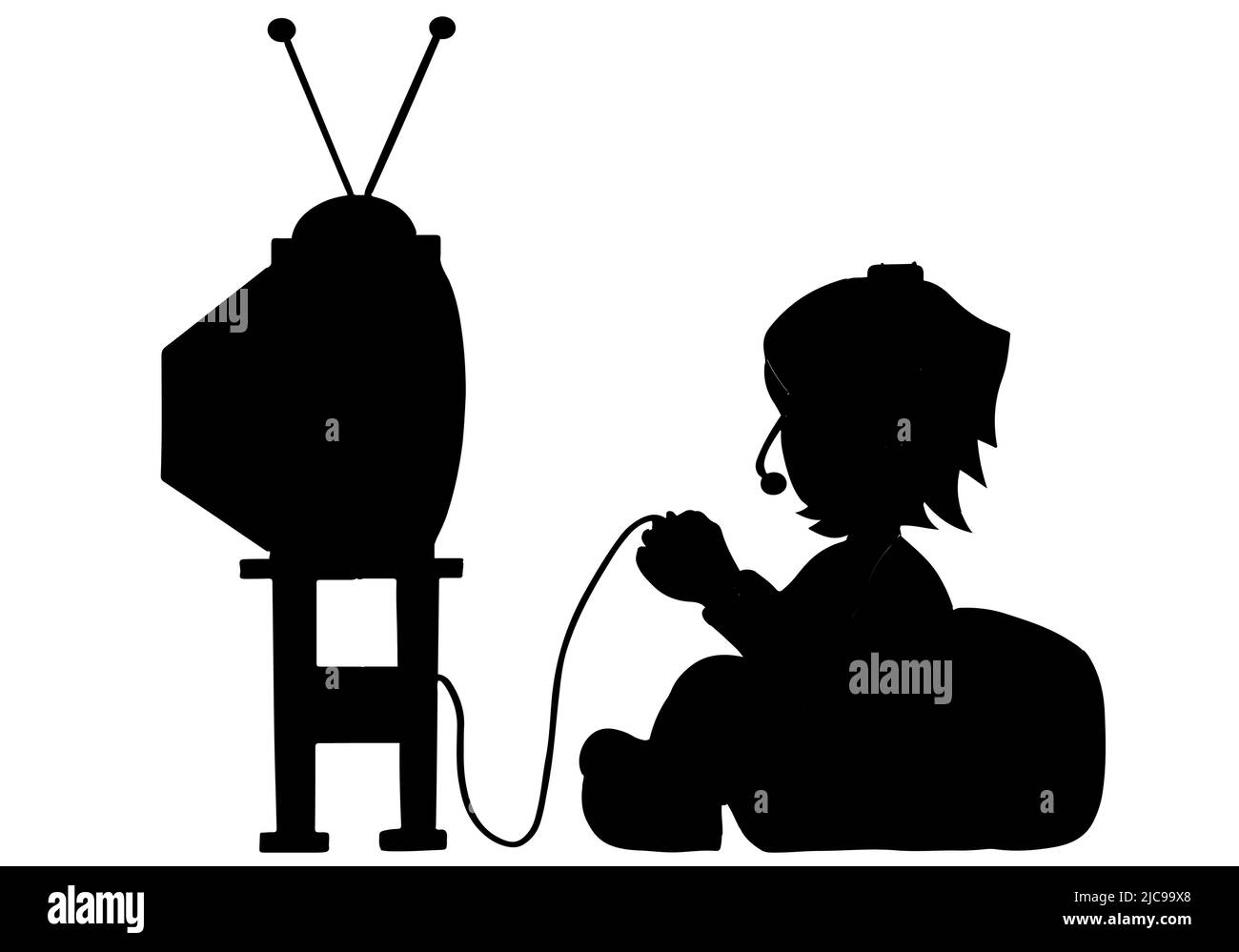 Boy Playing Console Video Games, Traditional Male Kid on retro tv with antenna, Classic Behavior Illustration Stock Vector