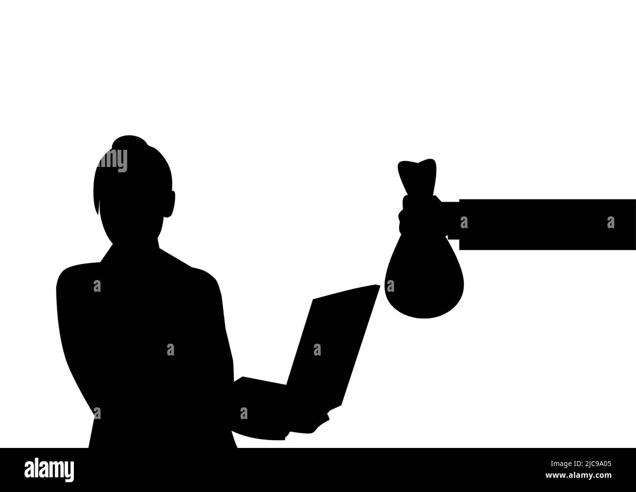 A freelancer doing her work on a laptop or computer receiving money, Hand giving money, working from home, Freelancing, Silhouette Stock Vector