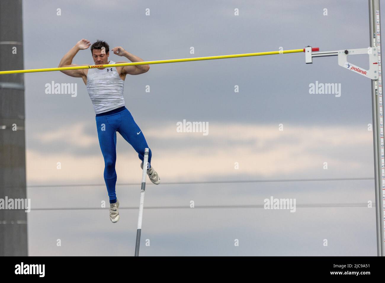 Matt Ludwig of USA, winner of Pole Vault Men competition at the P-T-S athletics meeting in the sports site of x-bionic sphere® in Šamorín, Slovakia, 9. June 2022 Stock Photo