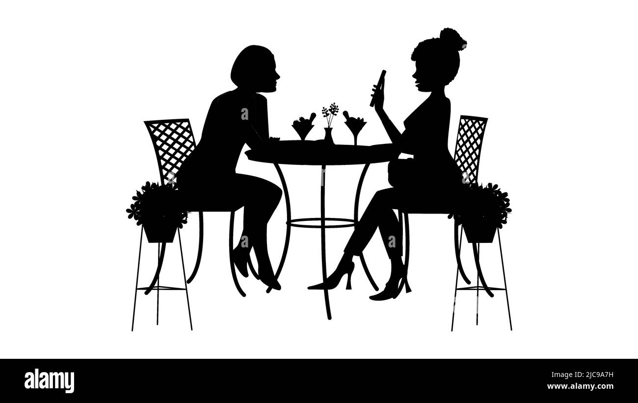 Black silhouette of two women sitting on chairs gossiping about picture on phone, cafeteria Stock Vector