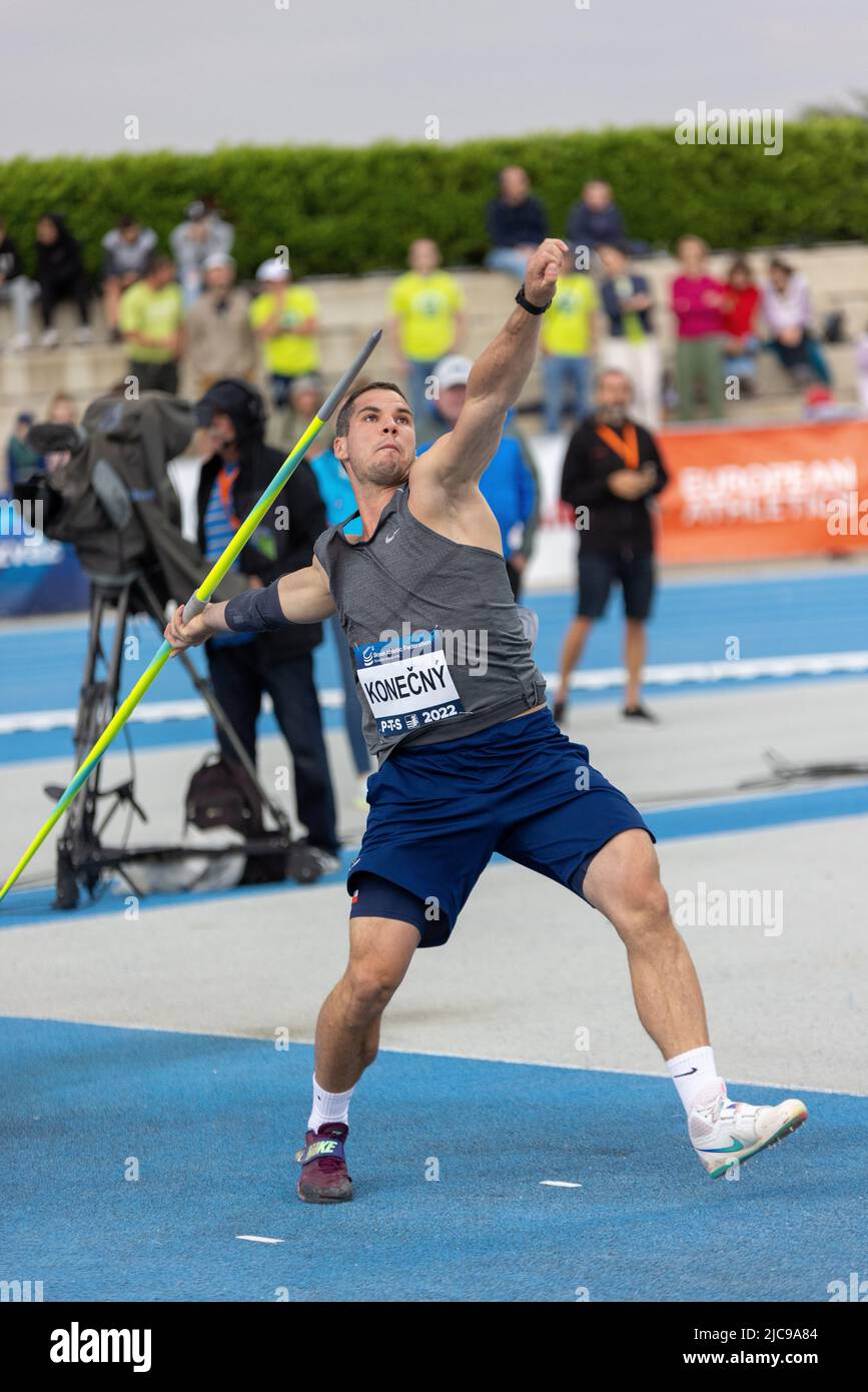 Czech athlete Martin Konečný competes at javelin throw 800g men at the P-T-S athletics meeting in the sports site of x-bionic sphere® in Šamorín, Slovakia, 9. June 2022 Stock Photo