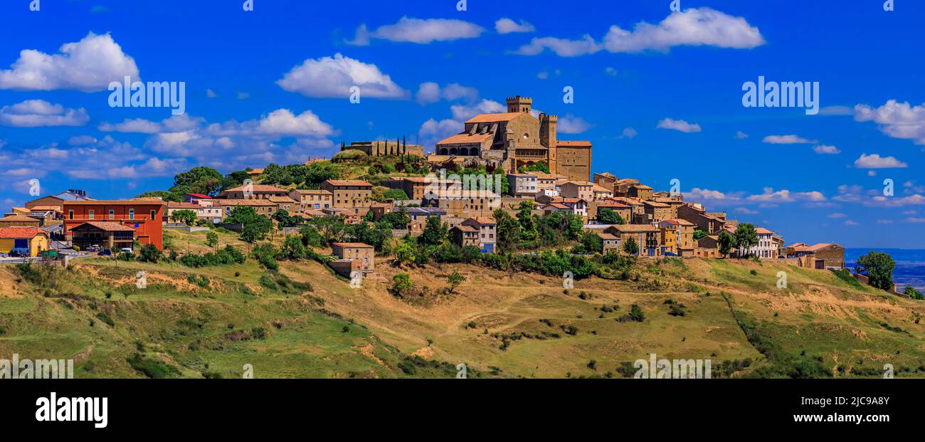 Picturesque panorama of the hilltop medieval village of Ujue in Navarra, northern Spain on ancient pilgrim route Camino de Santiago or Way of St James Stock Photo