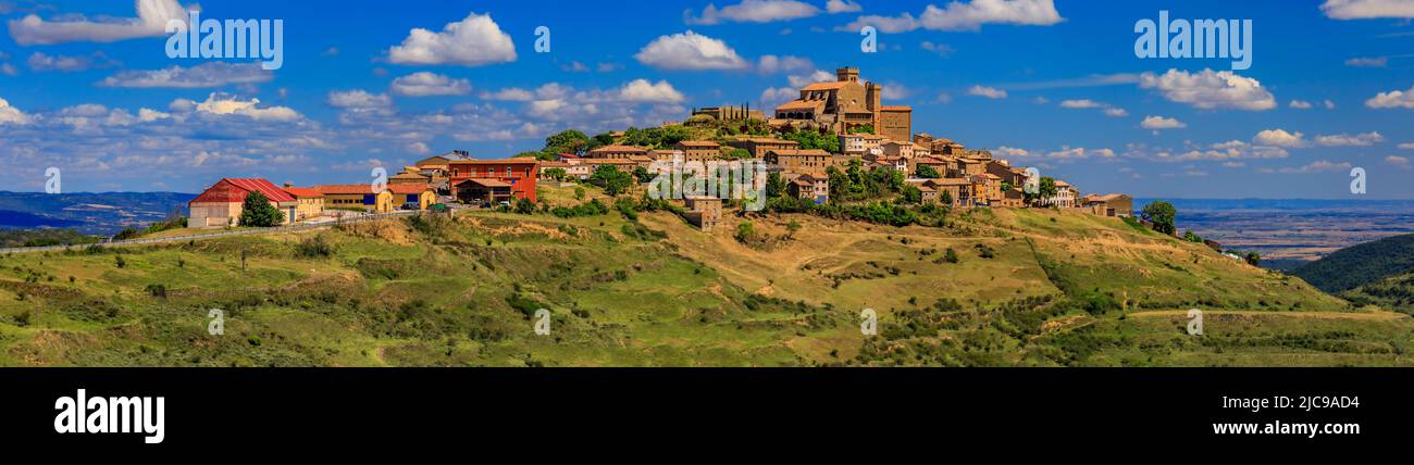 Picturesque panorama of the hilltop medieval village of Ujue in Navarra, northern Spain on ancient pilgrim route Camino de Santiago or Way of St James Stock Photo