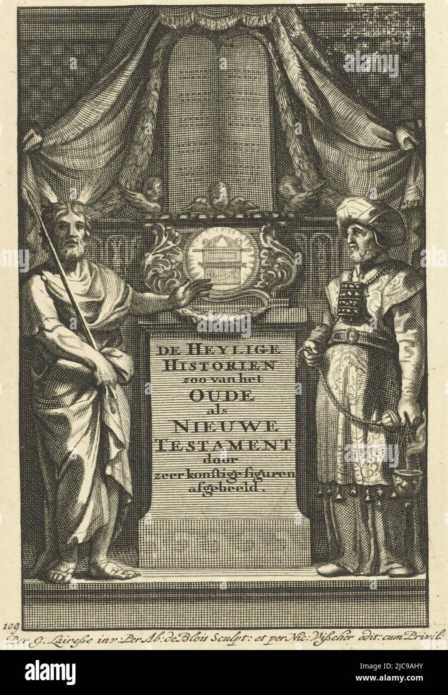 Allegory of the Old and New Testaments with glorification of the Tablets of the Law and the Ark of the Covenant on a pedestal. Moses and Aaron as high priest stand on either side. Allegory of the Old and New Testament with Moses and Aaron Title page for: De Heylige historien zoo van het Oude als Nieuwe Testament, Amsterdam De Heylige historien zoo van het Oude als Nieuwe Testament , print maker: Abraham de Blois, (mentioned on object), Gerard de Lairesse, (mentioned on object), publisher: Nicolaes Visscher (I), (mentioned on object), Amsterdam, 1651 - 1679, paper, engraving, h 159 mm × w 108 Stock Photo