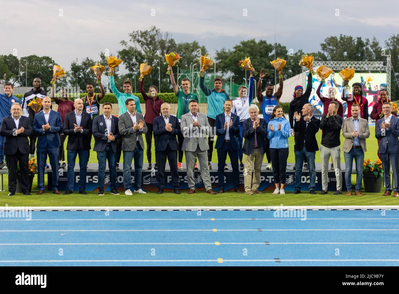 Winning athletes at the P-T-S athletics meeting in the sports site of x-bionic sphere® in Šamorín, Slovakia, 9. June 2022 Stock Photo