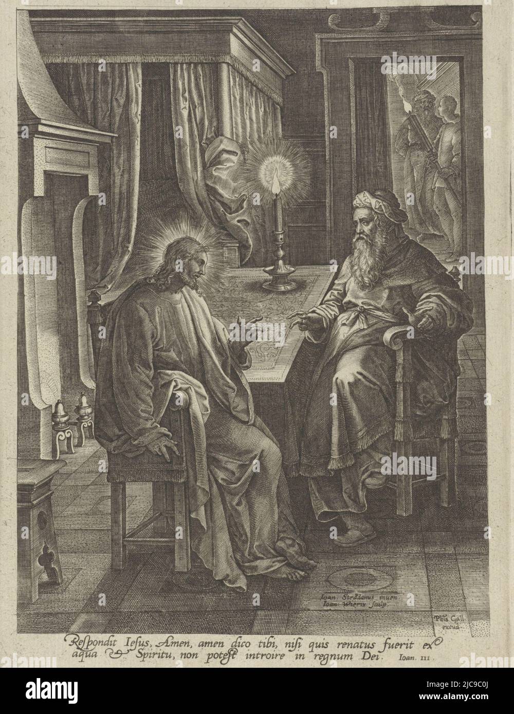 The Pharisee Nicodemus is in conversation with Christ in the middle of the night. They are seated at a table near the fireplace. In the margin a Bible quotation from John 3 in Latin, Conversation with Nicodemus, print maker: Johannes Wierix, (mentioned on object), Jan van der Straet, (mentioned on object), publisher: Philips Galle, (mentioned on object), Antwerp, 1549 - before 1612, paper, engraving, h 214 mm × w 152 mm Stock Photo