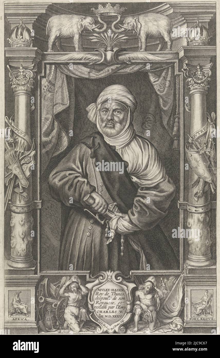 Portrait of Mulay Hasan, King of Tunis, in an ornamental frame surmounted by two elephants holding up a crown on their trunks. Below the portrait a cartouche containing an inscription in French. Portrait of Mulay Hasan, King of Tunis, print maker: Paulus Pontius, (mentioned on object), intermediary draughtsman: Nicolaas van der Horst, (mentioned on object), Antwerp, 1645, paper, engraving, h 321 mm × w 208 mm Stock Photo